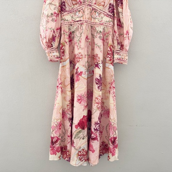 Camilla Shaped Waistband Maxi Dress Blossoms Brushstrokes Linen Romantic Pink L - Picture 7 of 16